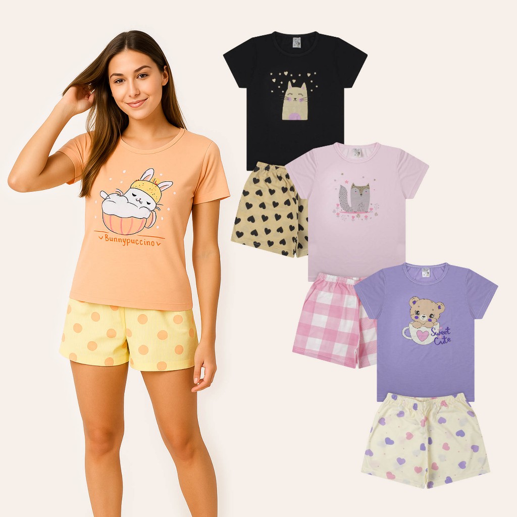 Kit 3 Conjuntos Infantil Feminino (6 peças) SORTIDOS Verão Leves, Estilosos Estampados Tam. 2 ao 16