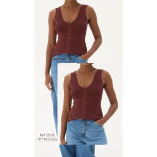 Blusa Regata Feminina em Tricot Canelado com Decote V em Oferta na Shopee