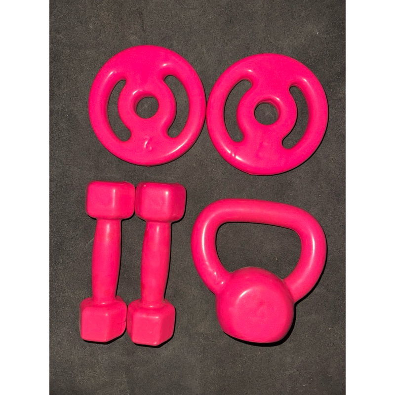 Kit se treino par de halteres sextavado Rosa + Ketlebell 4kg + par de anilhas 2kg rosa - 12kgtotal