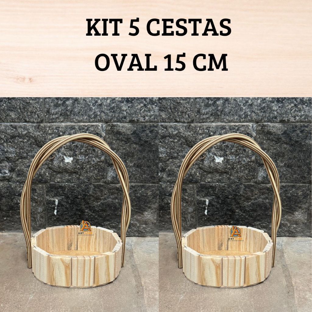 Kit com 5 Cestinha Oval de 15cm Madeira - Alça Trançada, p/ Organização, Decoração, Presentes. em Oferta na Shopee