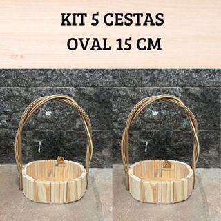 Kit com 5 Cestinha Oval de 15cm Madeira - Alça Trançada, p/ Organização, Decoração, Presentes. em Oferta na Shopee