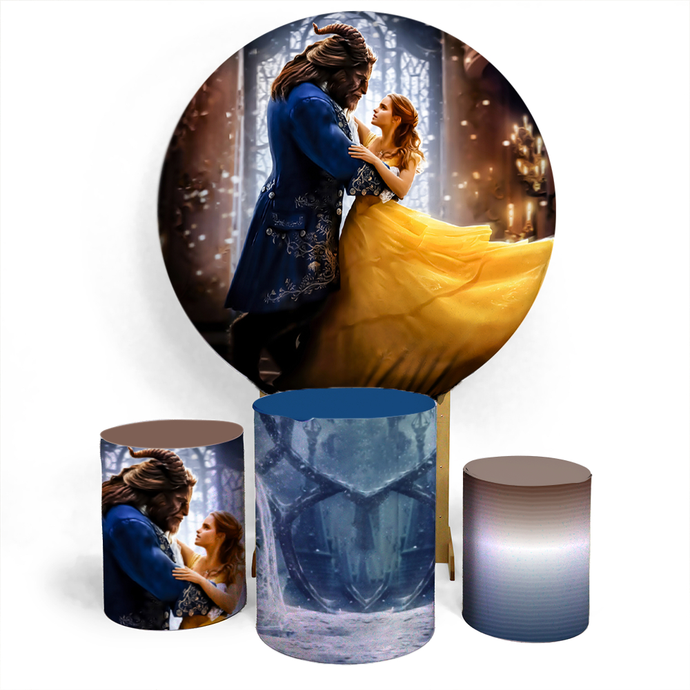 Kit Festa Capa Painel Circular E Três Capas Cilíndricas Aniversário Temático A Bela E A Fera Realista