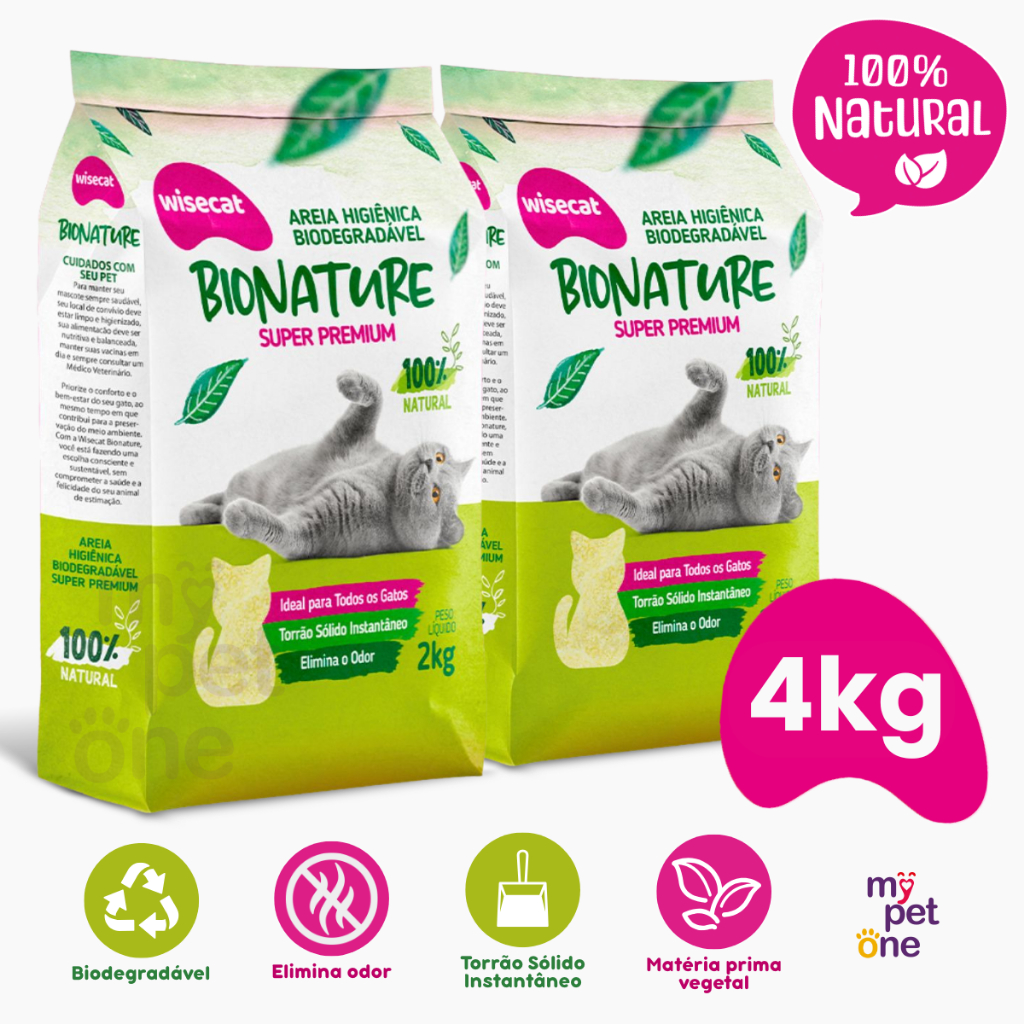 Kit 2 Areia Biodegradável 2 Kg Bionature para Gatos Wisecat - Pets