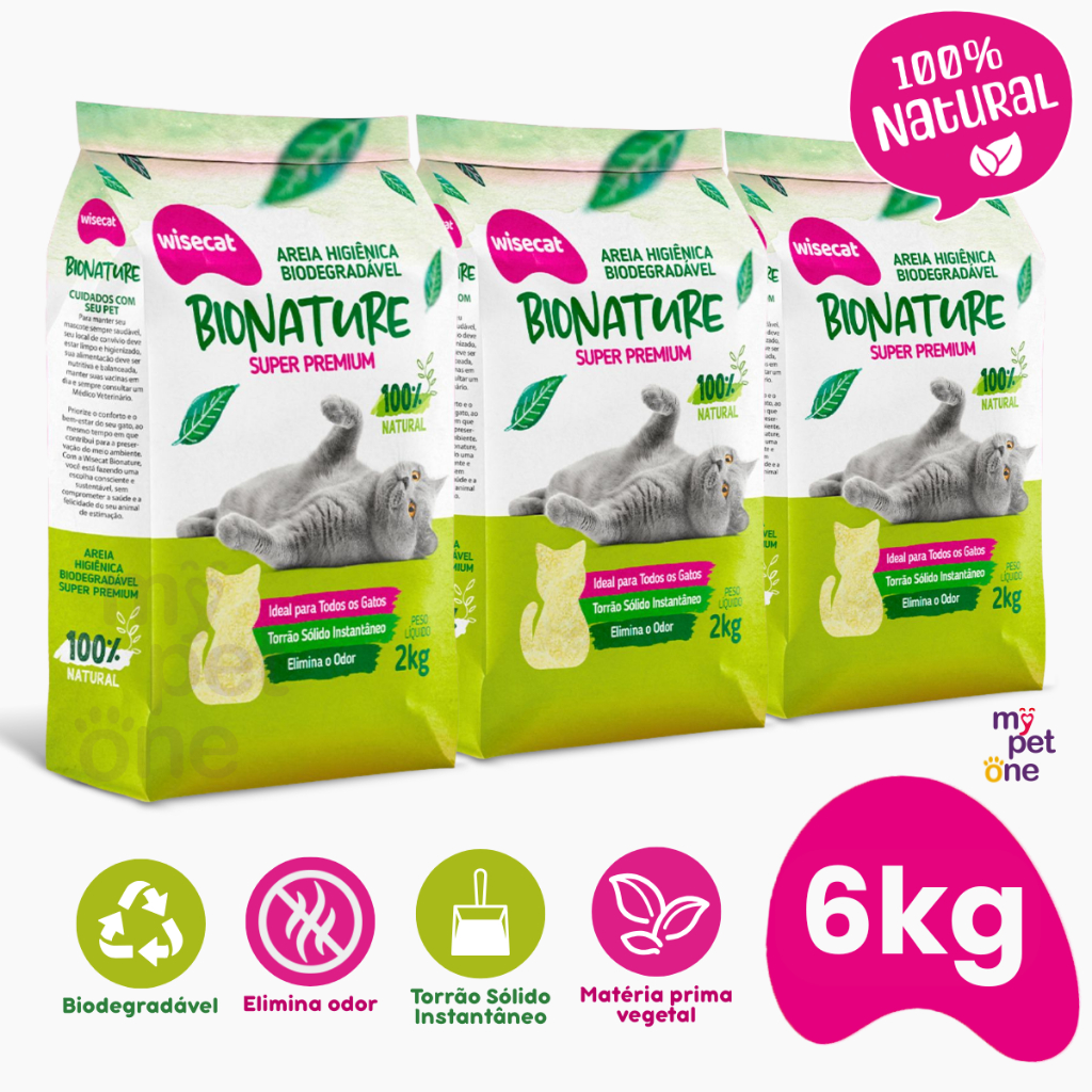 Kit 3 Areia Biodegradável 2 Kg Bionature para Gatos Wisecat em Oferta na Shopee