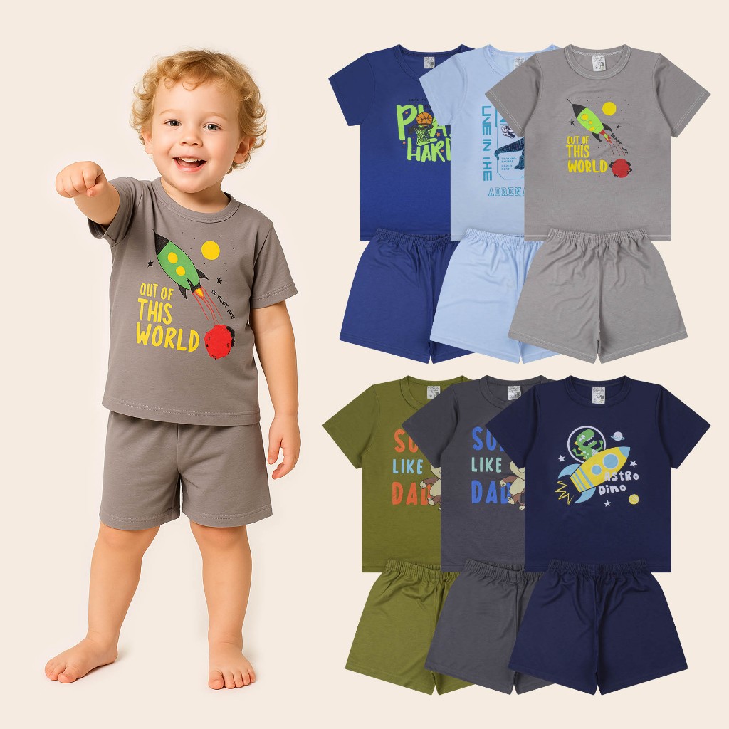 Conjunto Infantil Masculino Verão (2 Peças) – Blusa + Short Sortido Tecido Poliviscose Tam. 2 ao 16