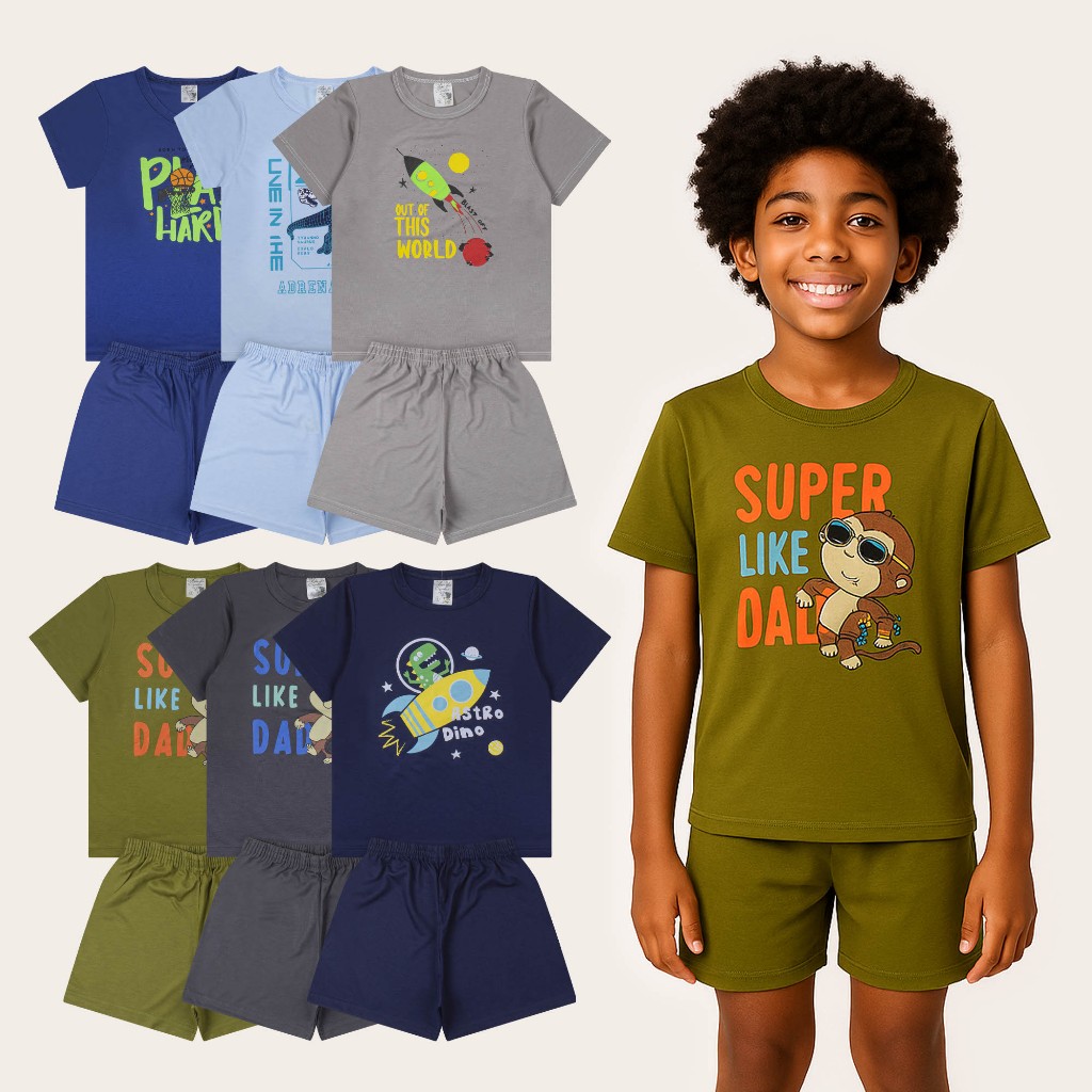 Kit 2 Conjuntos Infantis Masculinos Sortidos (4 Peças) – Blusas + Shorts em Poliviscose Tam. 2 ao 16
