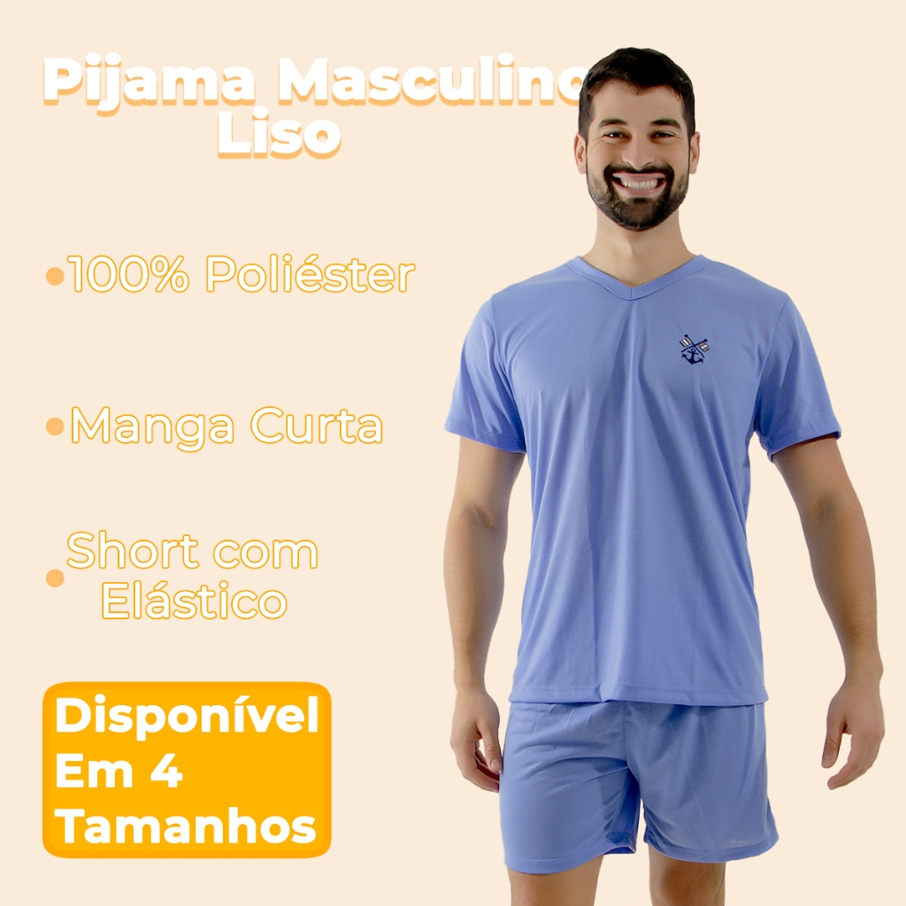 Pijama Masculino Curto Confortável Liso com Bordado Manga Curta