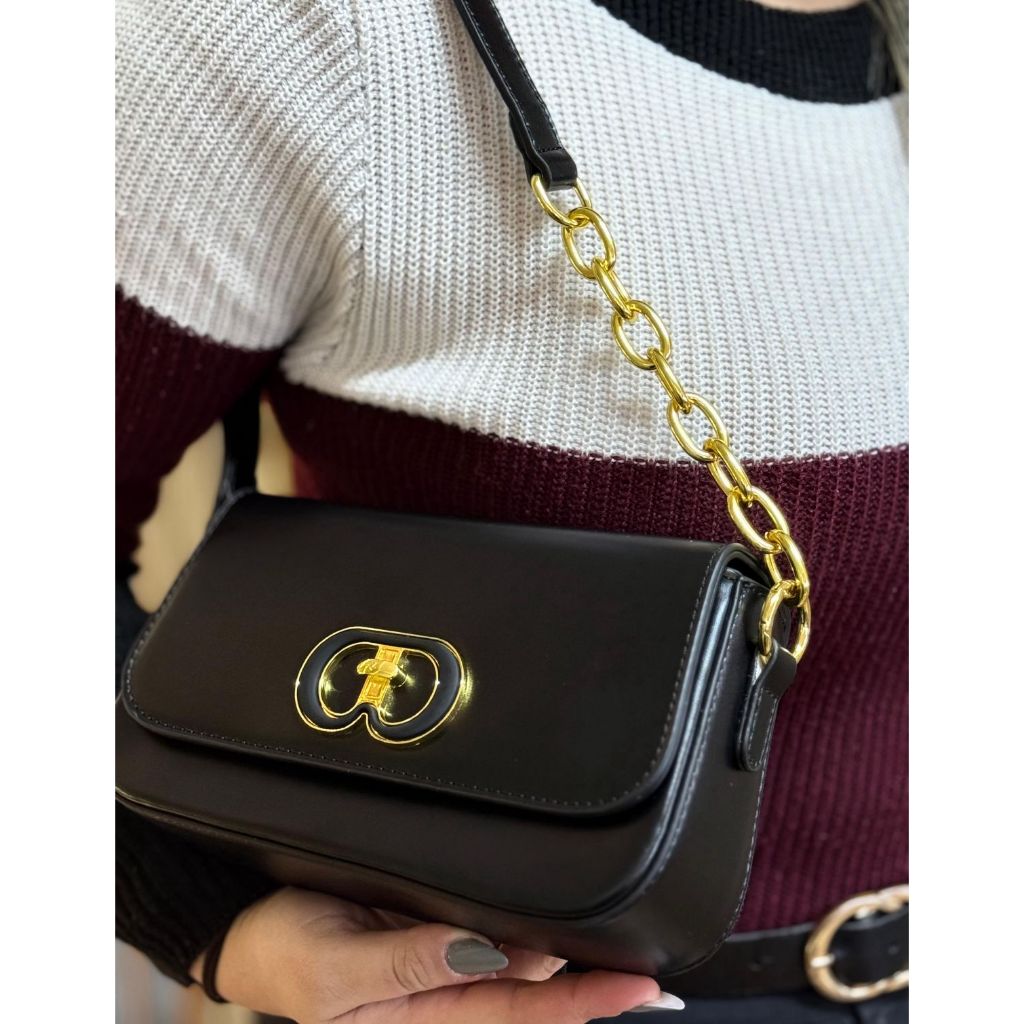 Bolsa Feminina Luxuosa Tiracolo Festas Eventos Couro Liso Detalhes em Dourado