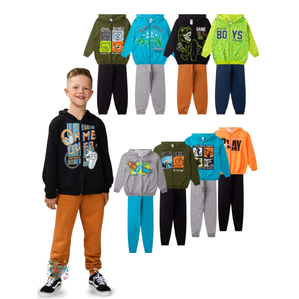 Kit 8 Peças Infantil Moletom Masculino Juvenil Inverno Zíper Tamanho 1 ao 16 - 4 Casacos + 4 Calças