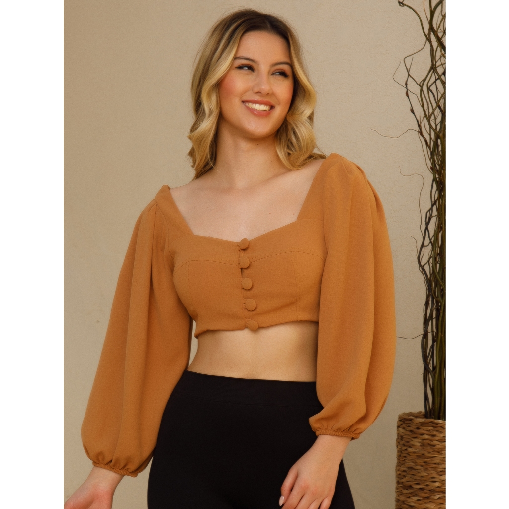 Blusa Cropped Feminina com Manga Longa em Creppinho com Elastano Tamanho G 36-42 Botão Lastex Elegante e Confortável