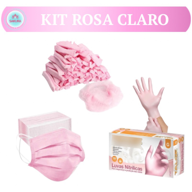 Kit Rosa 100 luvas nitrilicas  + 100 toucas TNT + 50 máscara tripla com elático