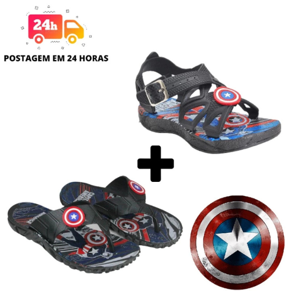 Kit Chinelo e Sandália Masculino Infantil Desenho Personagens Capitão América Confortável Macio Leve 25 ao 32