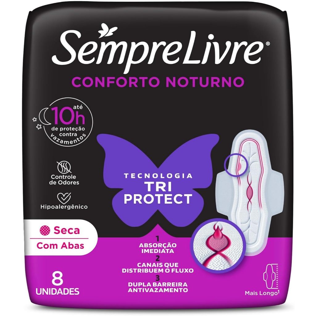 Absorvente Sempre Livre Adapt Noite e Dia Seca com Abas 8 Unidades em Oferta na Shopee