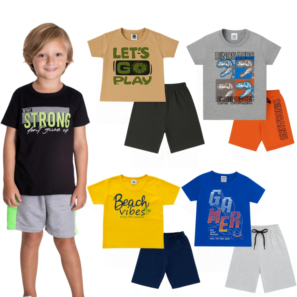 Kit Sortido 10 Peças Roupas Infantil Menino 5 Camisetas 5 Bermuda 5 Conjuntos Roupa Menino Verão
