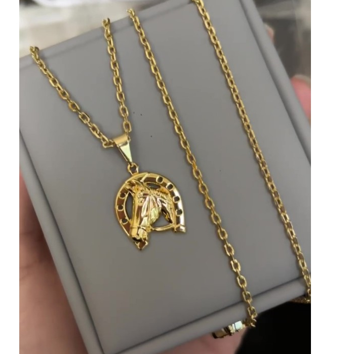 Colar Corrente Cadeado 2mm Banhada a Ouro 18k Masculino Kit Cordão e Pulseira e Pingente Cavalo