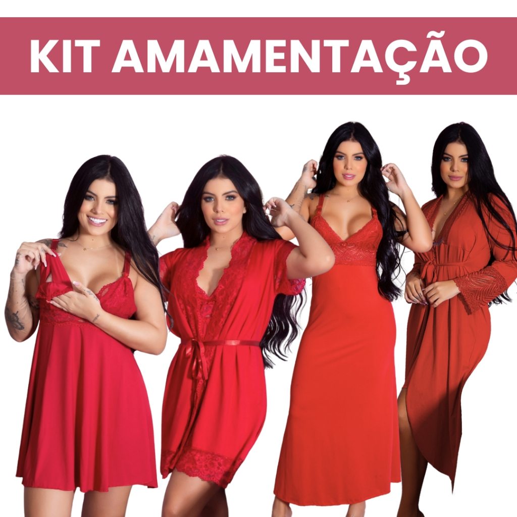 Kit 4 Peças Maternidade Robe e Camisola Amamentação Longa e Curta Gestante