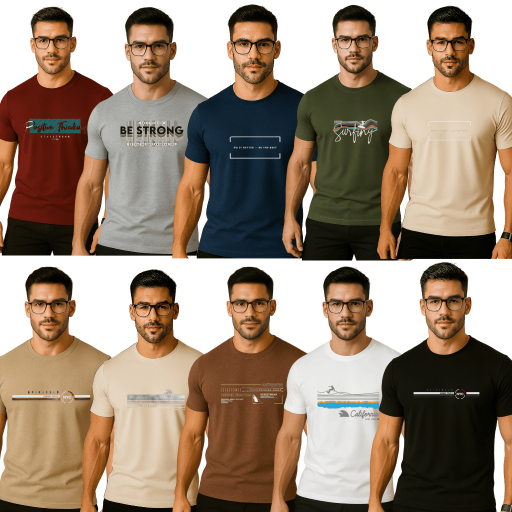 Kit 10 Camiseta Masculina Básica Estampada Algodão Fio 30.1 DTF Casual Academia Dia a Dia Confortável Tradicional