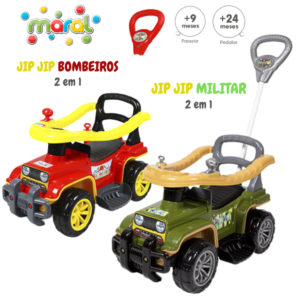 🚙🔥 JIP JIP CARRINHO PASSEIO INFANTIL COM EMPURRADOR MILITAR 🪖 OU BOMBEIRO 🚒 | SOM | HASTE GUIA | ATÉ 30KG 🔥🚙