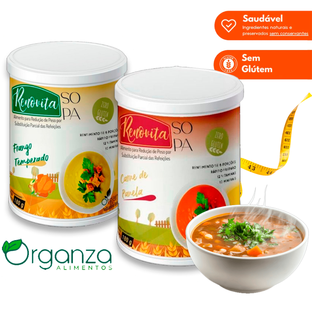 Kit 02 Sopa Mix de Vitaminas Zero Glutén Sabor Frango e Carne Reduz Medidas Organza 100% Natural