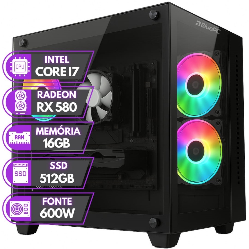 PC Gamer BluePC RUSH - Intel Core i7 16GB RAM Radeon RX 580 8GB SSD 512GB - PGBP-RUS1019 em Oferta na Shopee