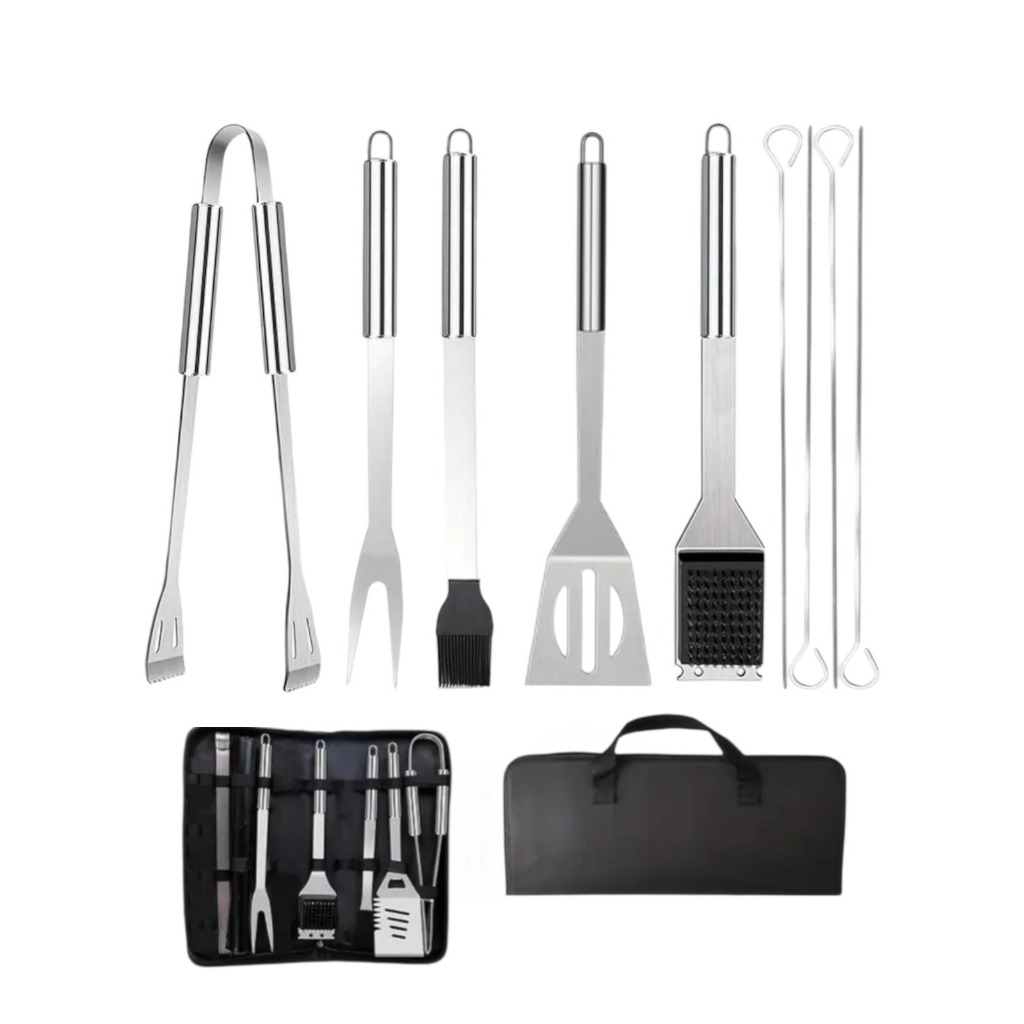 Conjunto de Utensílios Churrasco Profissional De Inox Grill Espeto Grelha 9 Peças Gourmet