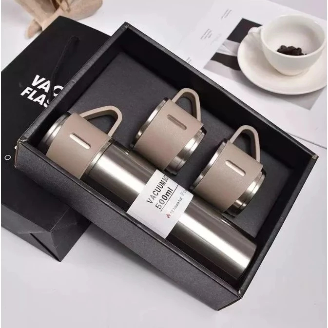 Kit Garrafa Térmica 500ml Vacuum Flask Set 1Garrafa Inox e 2 Tampa De Xícaras Bebidas Quentes/Frias (3042) — imagem 2 de 2