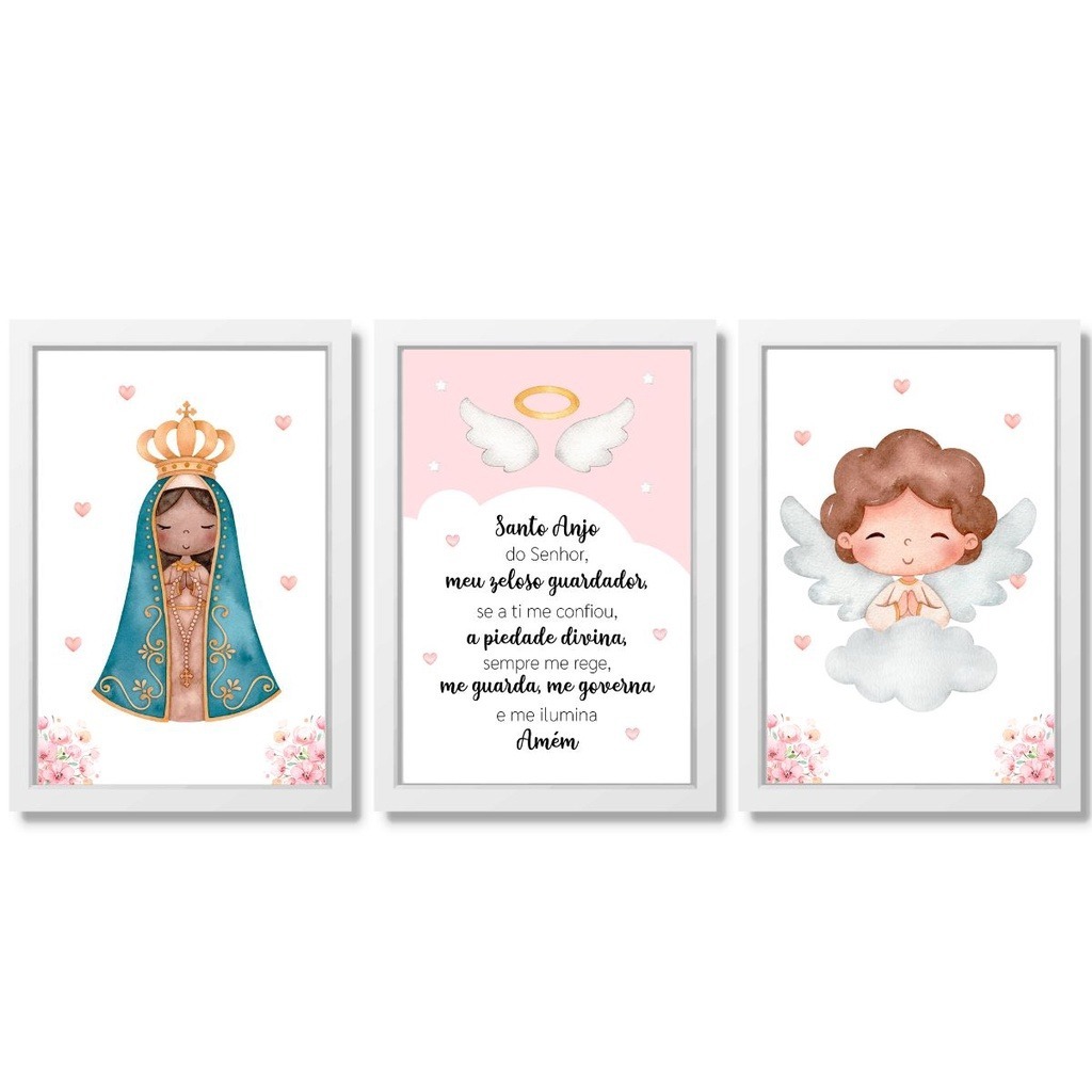 Kit Quadros decorativo 3 peças 20X30 MDF Abstrato Decorativo Infantil Nossa Senhora Aparecida Anjo Da Guarda Decoração