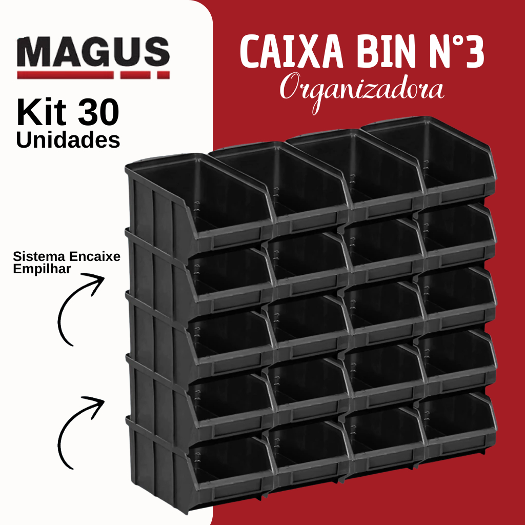 Caixa Bin Organizador Plástico Preto N°03 Kit 30 Peças Resistente Empilhável Bin 3