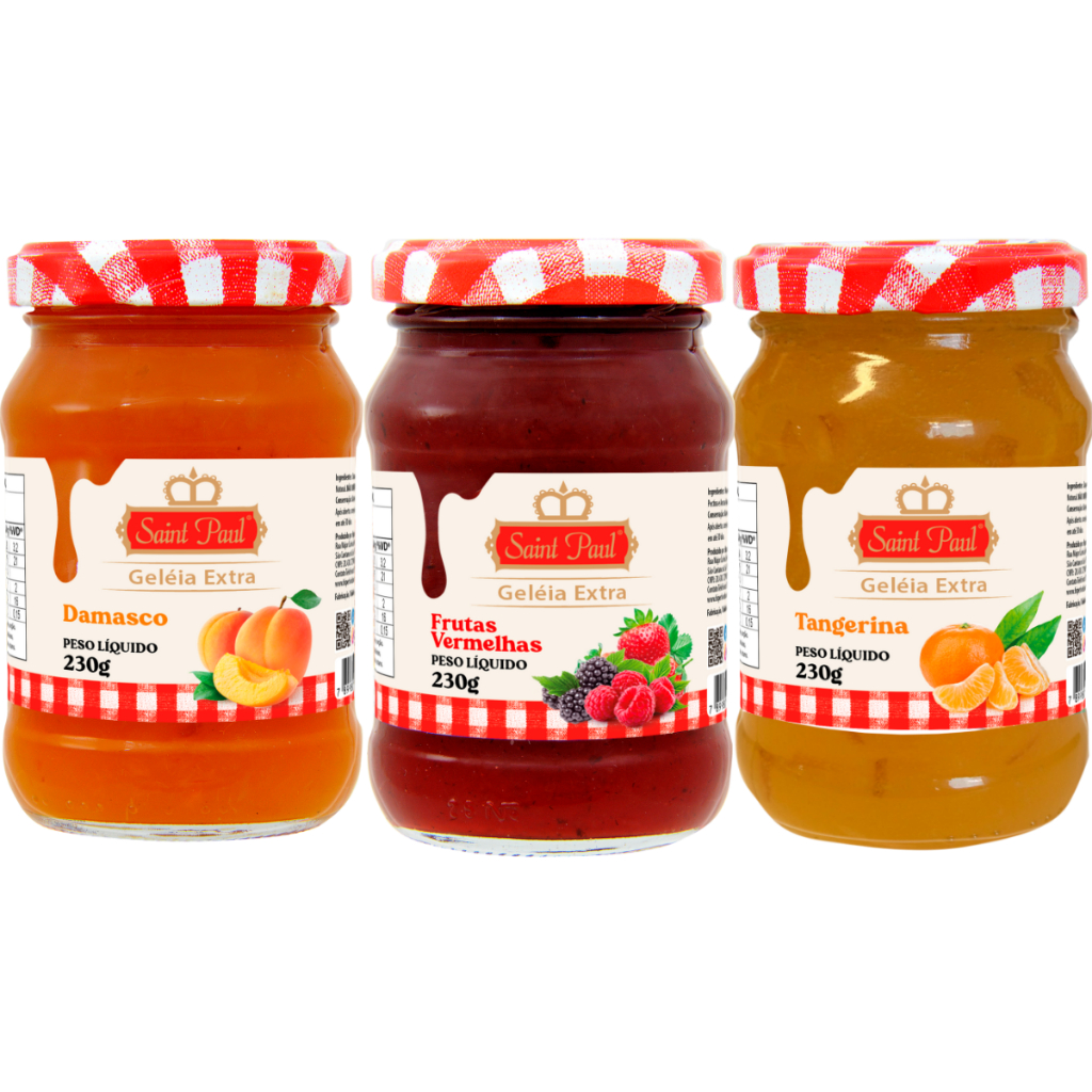 Kit Geleias de Frutas Pote de Vidro 230g - Frutas vermelhas, Tangerina e Damasco - Saint Paul em Oferta na Shopee