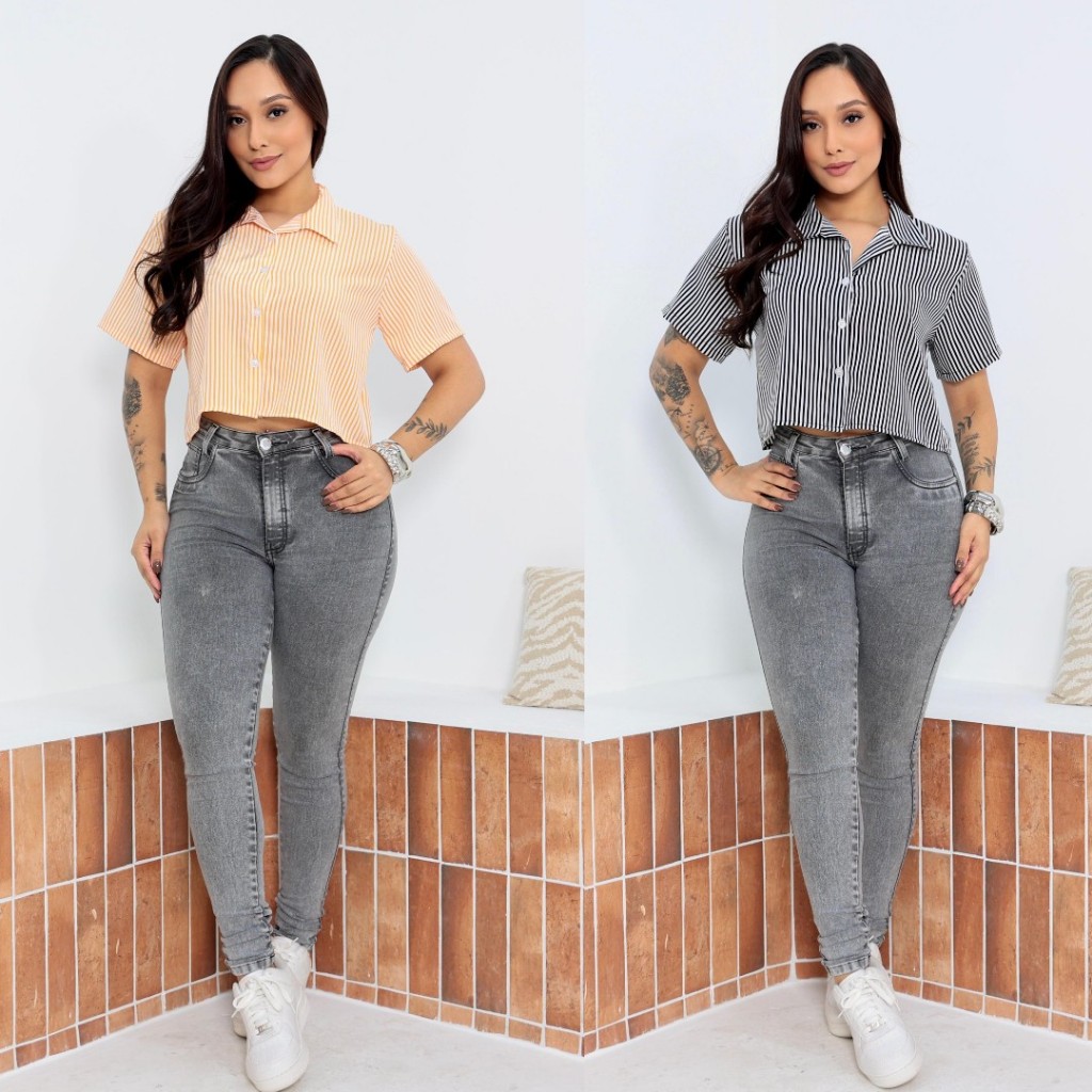 BLUSINHA LISTRADO MANGA CURTA COM BOTÕES 14 em Oferta na Shopee