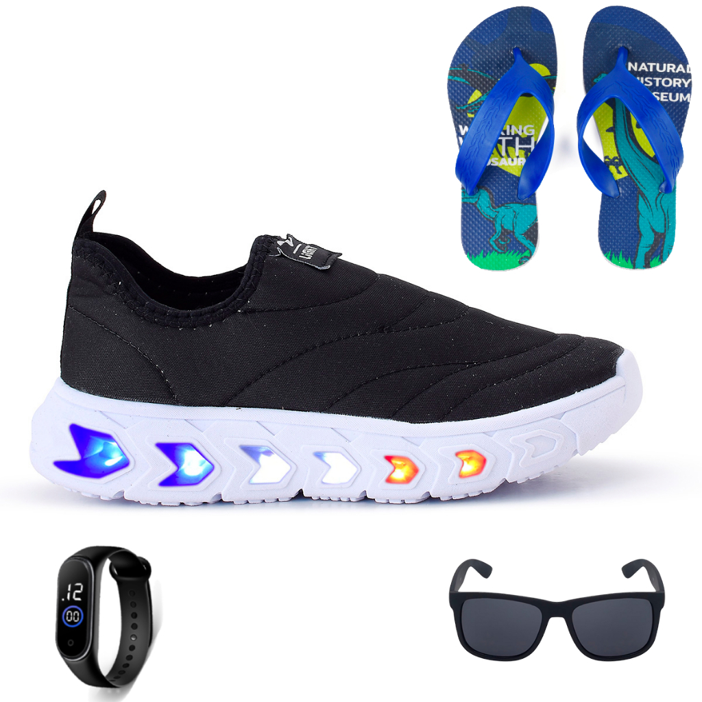 Tenis Infantil de Led Menino e Menina Calce Facil Preto e Branco e Chinelo Óculos e Relógio Atacadão Divinopolis