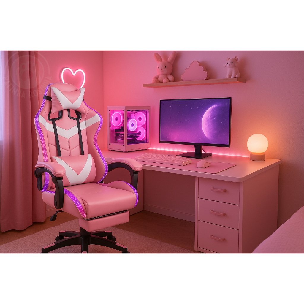 Cadeira De Escritório Cadeira Gamer Delta Rosa Em Couro Rgb