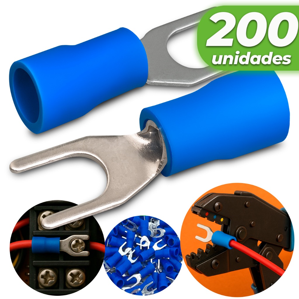Kit 200 Terminal Forquilha Garfo Pré-isolado Conector Eletrico para Cabos e Fios 1,5 A 2,5mm - Azul