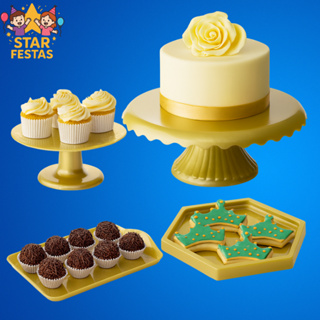 Kit Mesa de Festa , 1 Boleira Cake Renda 22cm , 1 Mini Cake , 1 Bandeja 20x13 e Mini Sextavada