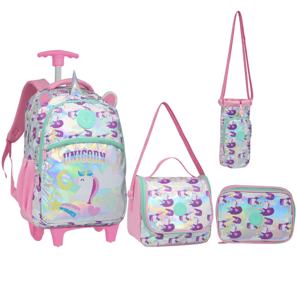 Kit Mochila De Rodinha Unicornio Estrela 46cm 3 Peças 2025