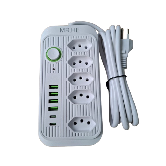Extensão 5 Tomadas 4 USB E 2 Tipo C Bivolt Cabo 2 Metros Cor Preto e Branco