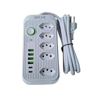 Extensão 5 Tomadas 4 USB E 2 Tipo C Bivolt Cabo 2 Metros Cor Preto e Branco