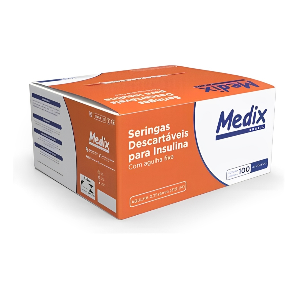 Seringa de Insulina 1ml 100UI com Agulha Fixa 0,25 x 6 mm  Caixa com 100 un - Medix
