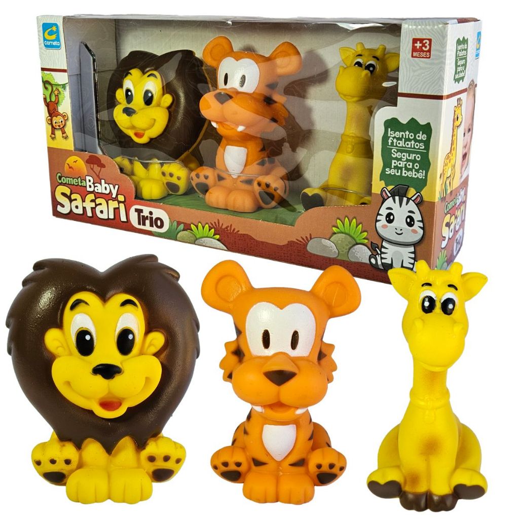 Brinquedo Mordedor Animais Safari Trio Vinil Leão Tigre Girafa Bichinho Macio Banho