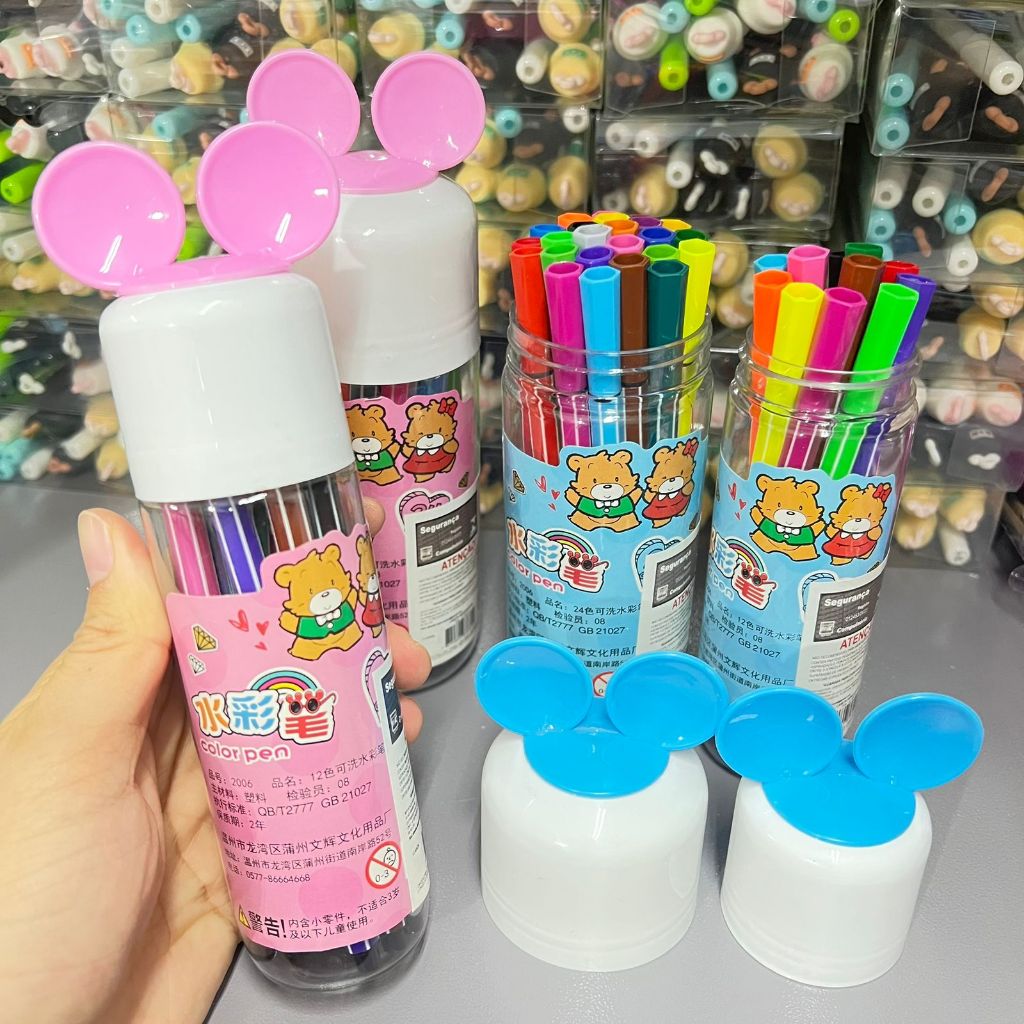 Lavável 12/24 Cores Canetas Hidrográficas Color Pen Estampa (URSOS com MiKi Orelhos) canetinhas