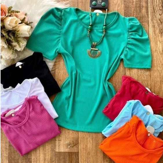 Kits Blusa Feminina Blusa Manga Curta Bufante Canelada Moda Blogueira Atacado