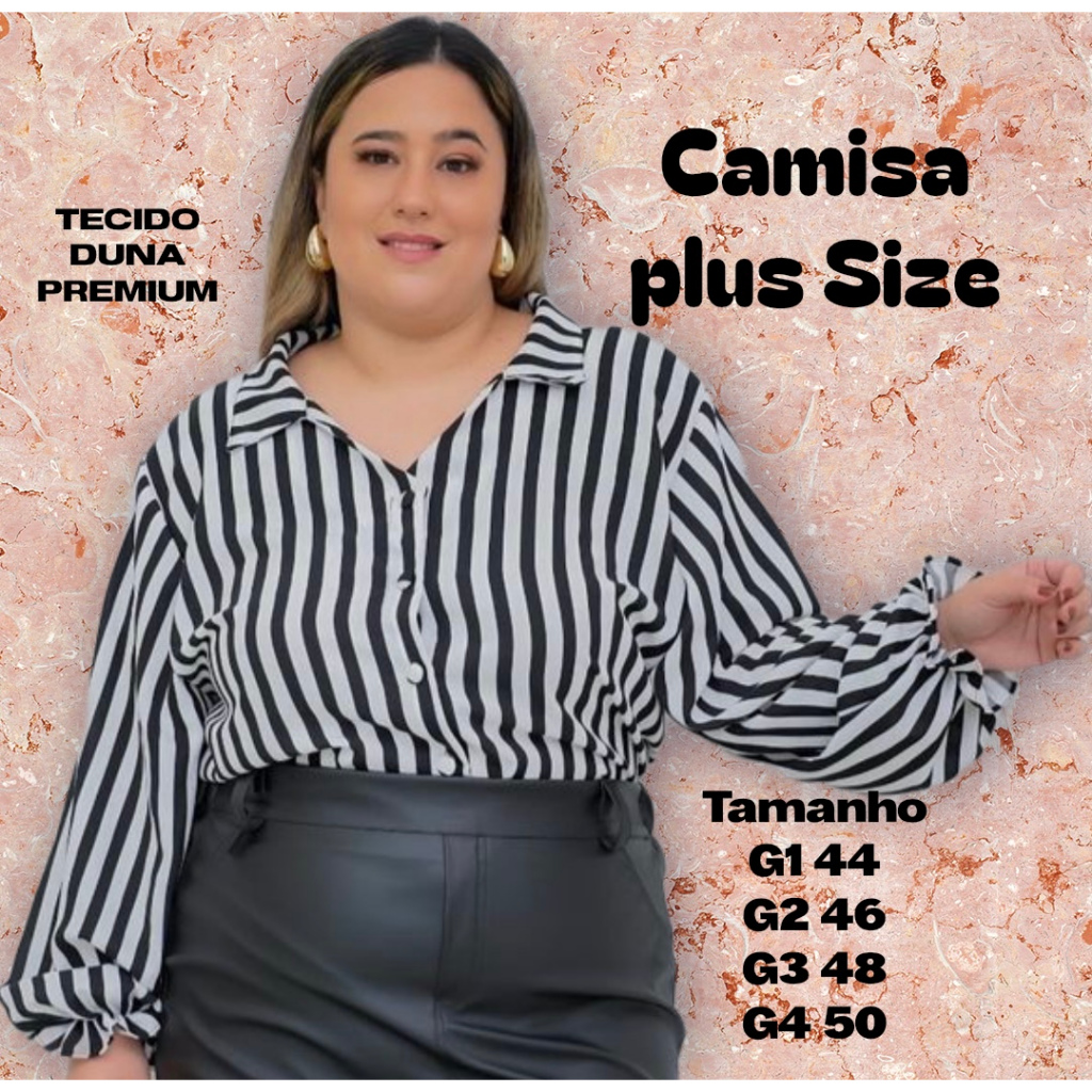 Camisa Feminina Manga Longa Plus Size Duna Premium com Botões Forrados Veste 44 ao 50 G1 G2 G3 G4