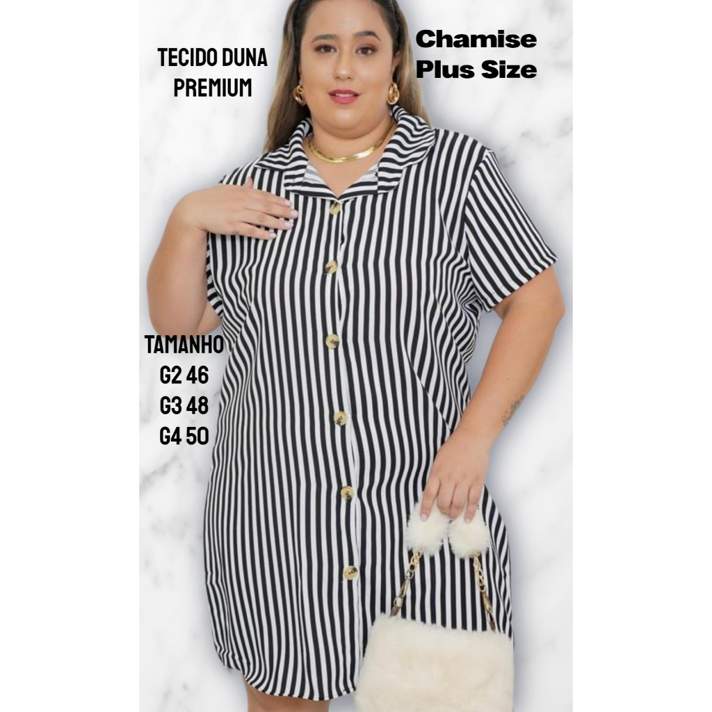 Chemise Feminino Plus Size Duna Premium Manga Curta Lisa e Listrada Camisão Veste 44 46 48 G1 G2 G3