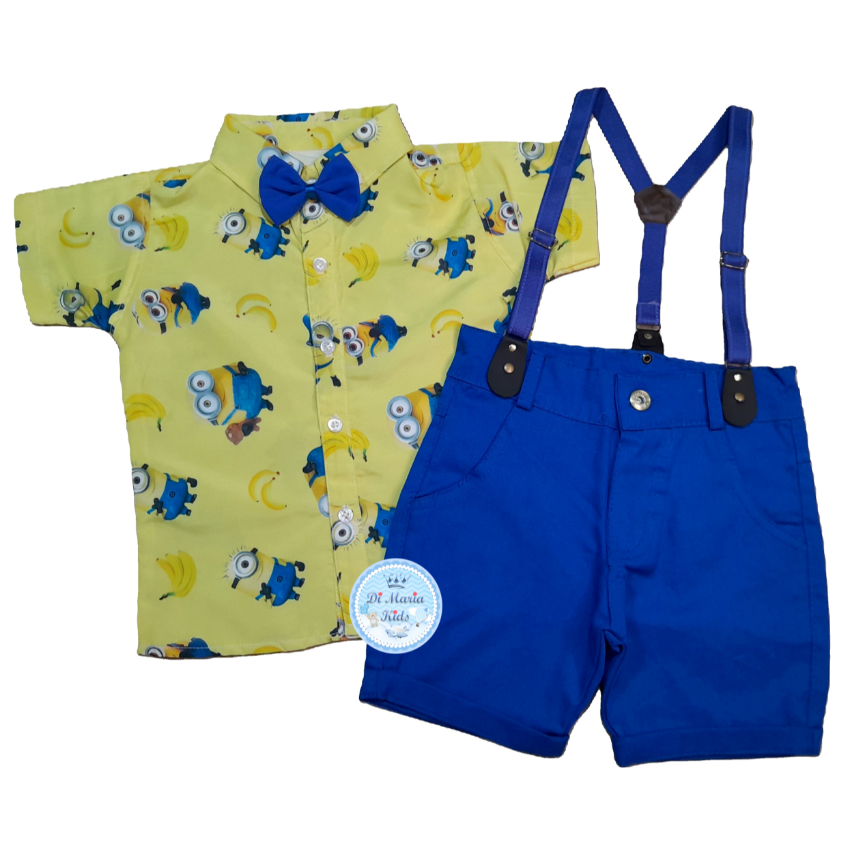 Conjunto Temático Minions Camisa Short Suspensório Gravata Roupa bebe menino festa infantil