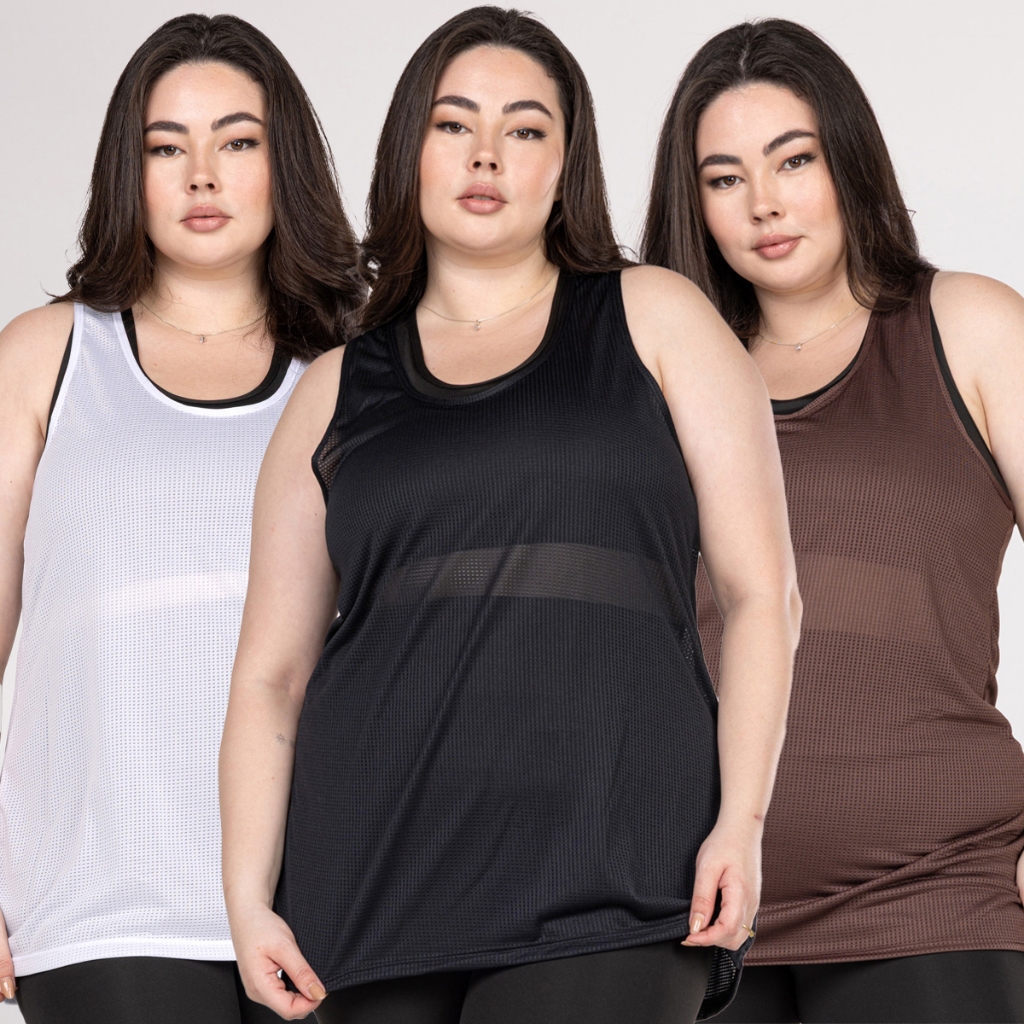 Kit 3 Regatas Academia Plus Size Feminina Corte a fio – Dry Fit Confortável Musculação Caminhada