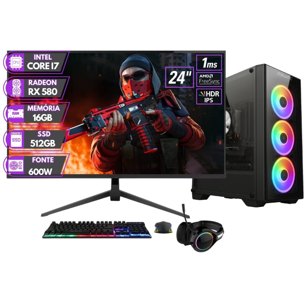 PC Gamer BluePC RUSH - Intel i7 16GB RAM Radeon RX 580 8GB SSD 512GB Monitor 24"