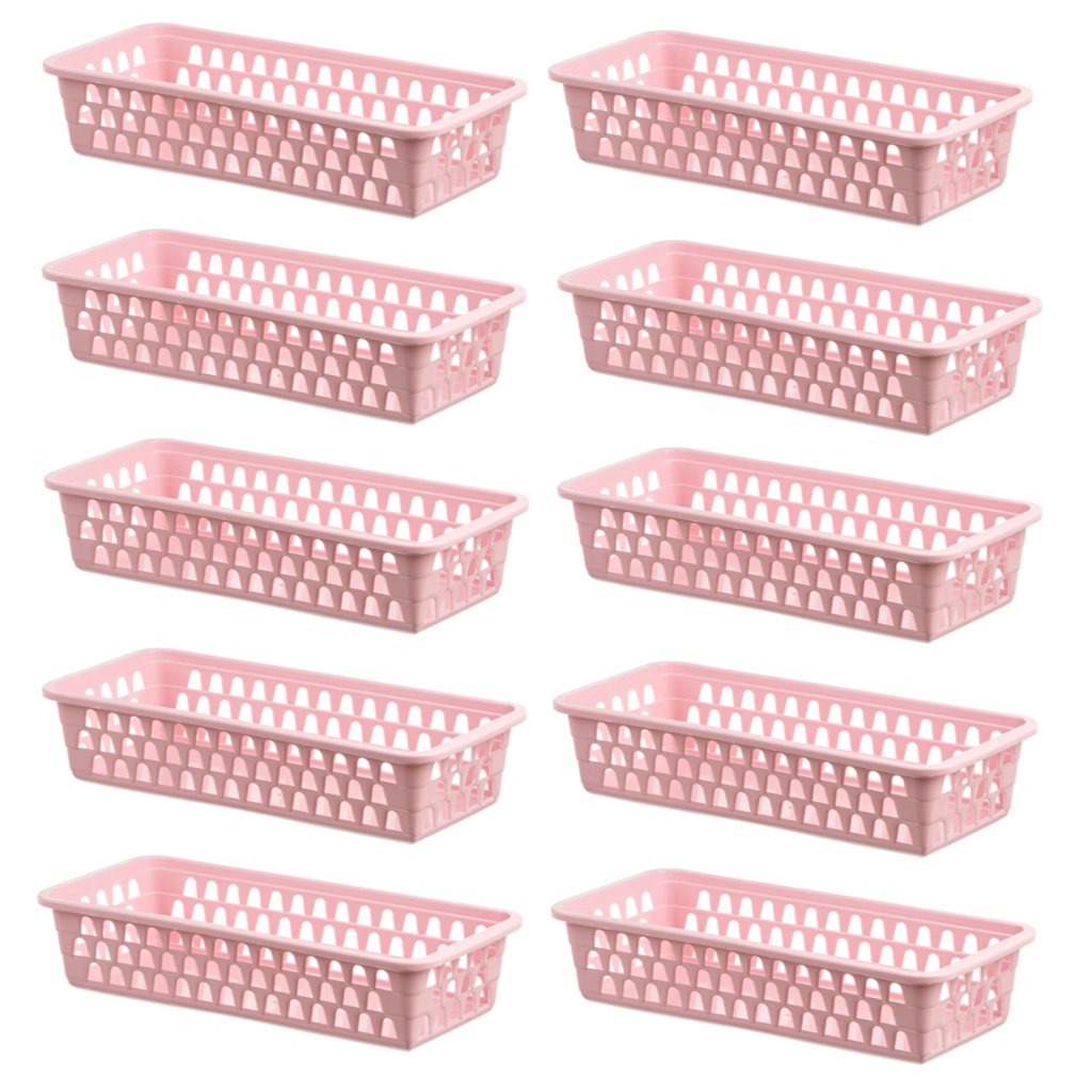 Kit 10 Cesto Organizador Multiuso Gaveta Retangular Branco Rosa Cestinho