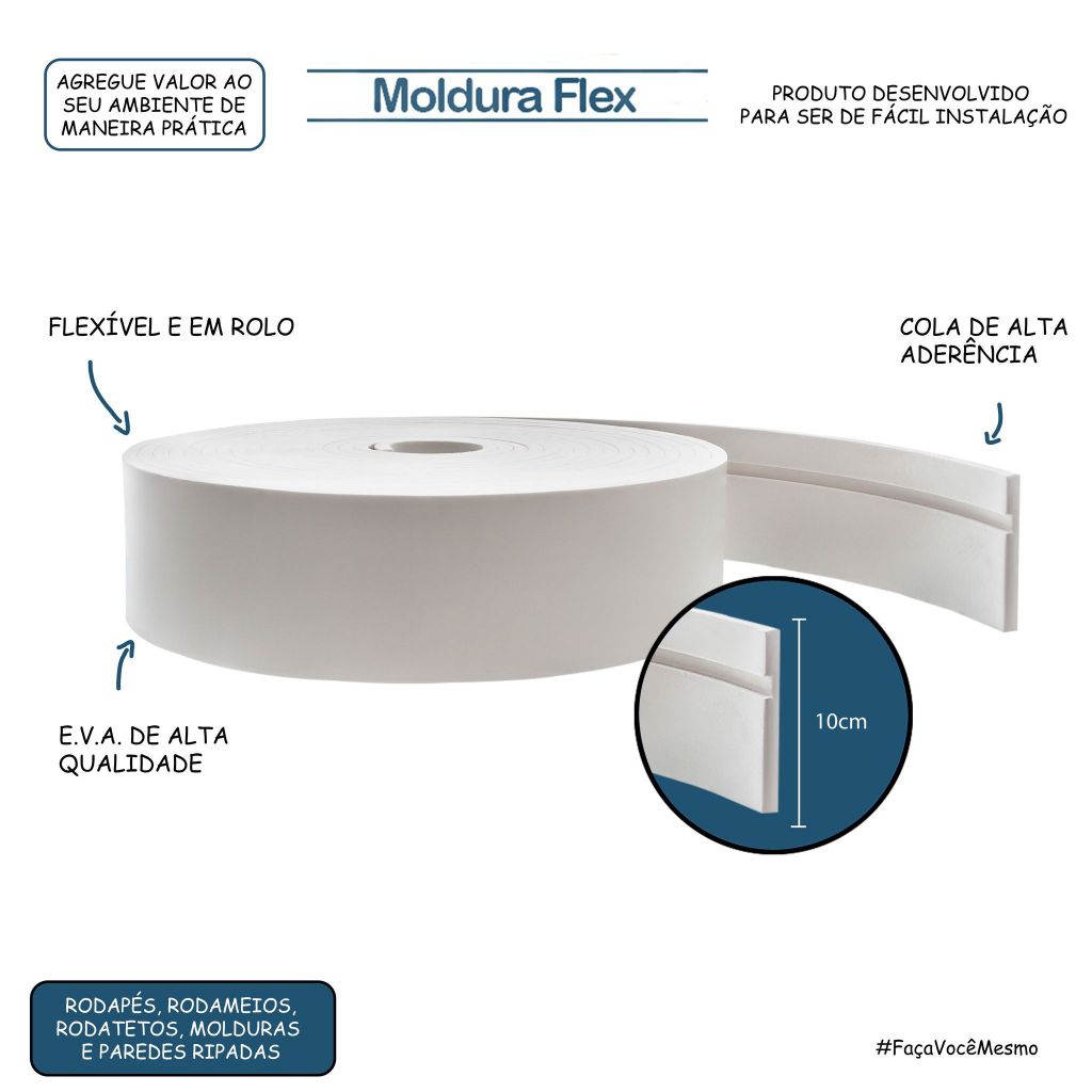 Rodapé Eva Flexível Autoadesivo 10cm x 1cm Lucca 40 Metros