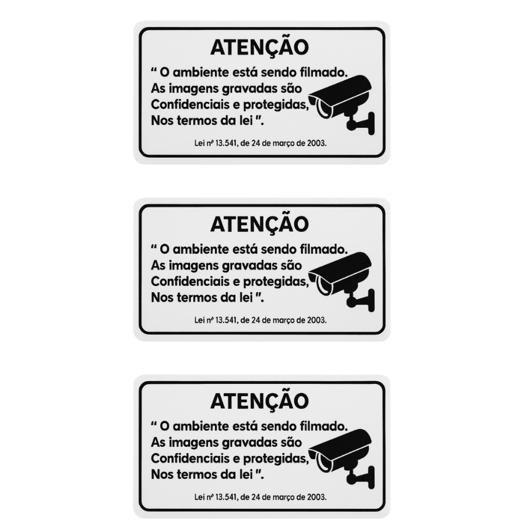 Kit 3 Placas Sinalização Camera Segurança Monitorada Por Câmeras
