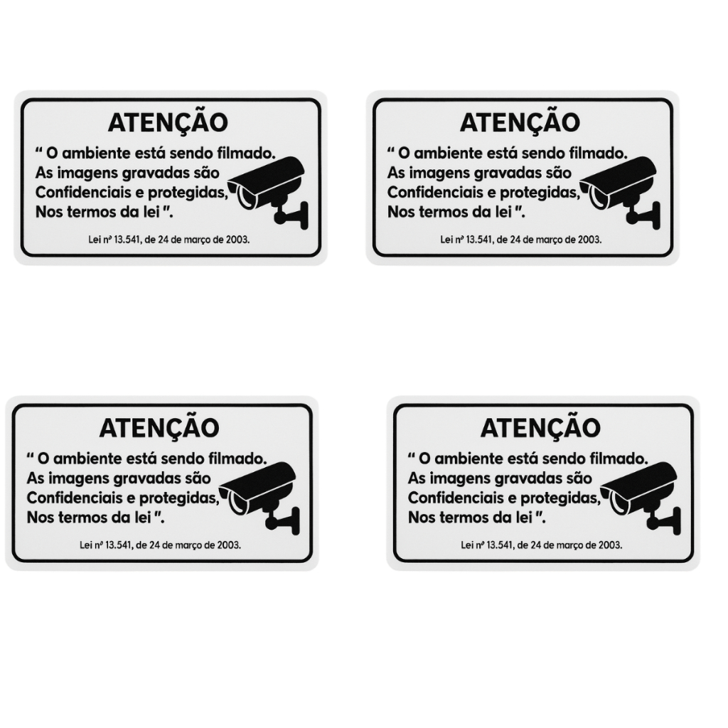 Kit 4 Placas Sinalização Camera Segurança Monitorada Por Câmeras